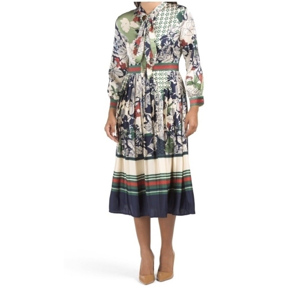 Dalia Macphee Pleated Neck Tie Navy Green Red Floral Midi Med